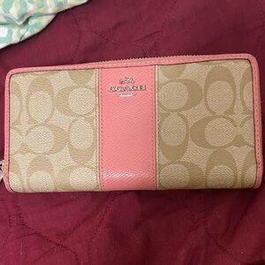 Coach Tan Canvas Wallet with Pink Leather Trim